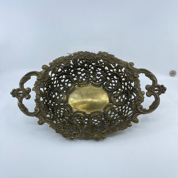 vintage ornate brass filigree basket with dual handles - Picture 1 of 6